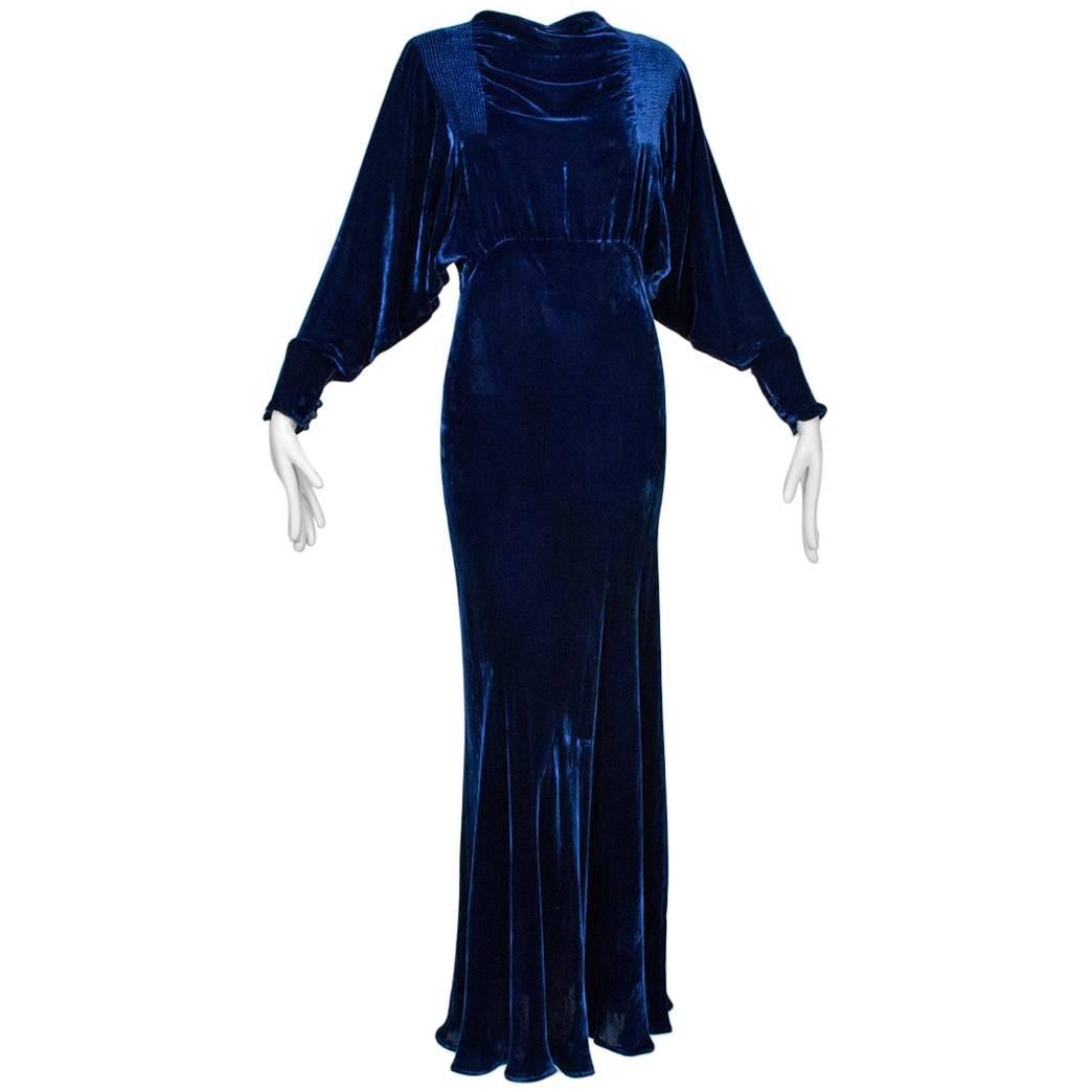 Art Deco Velvet Batwing Bias Gown and Hair Garland, 1930s