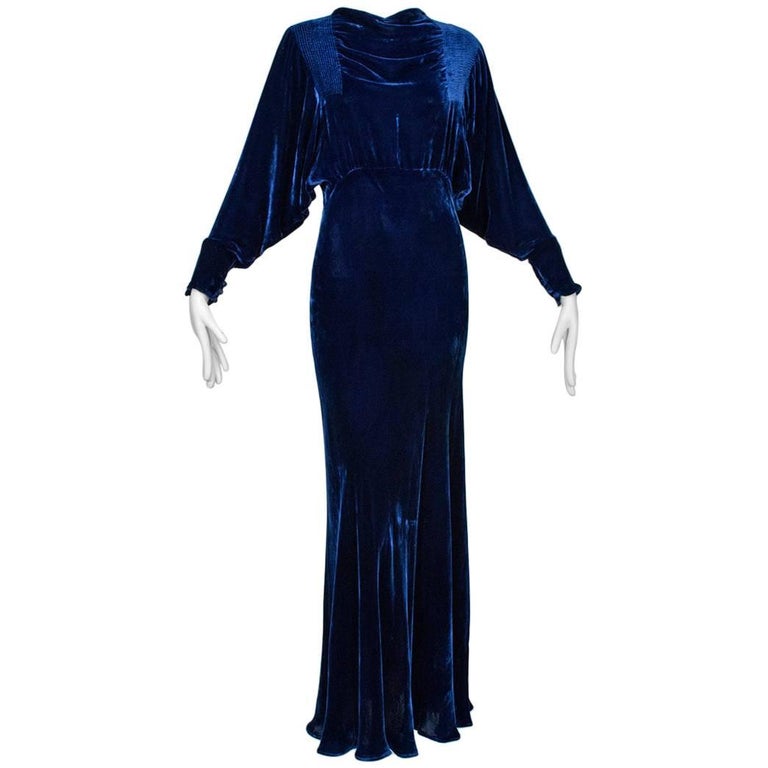 Art Deco Velvet Batwing Bias Gown and Hair Garland, 1930s at 1stDibs