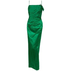 1950's Philip Hulitar Emerald Green Satin Ruched Hourglass Evening Dress Gown