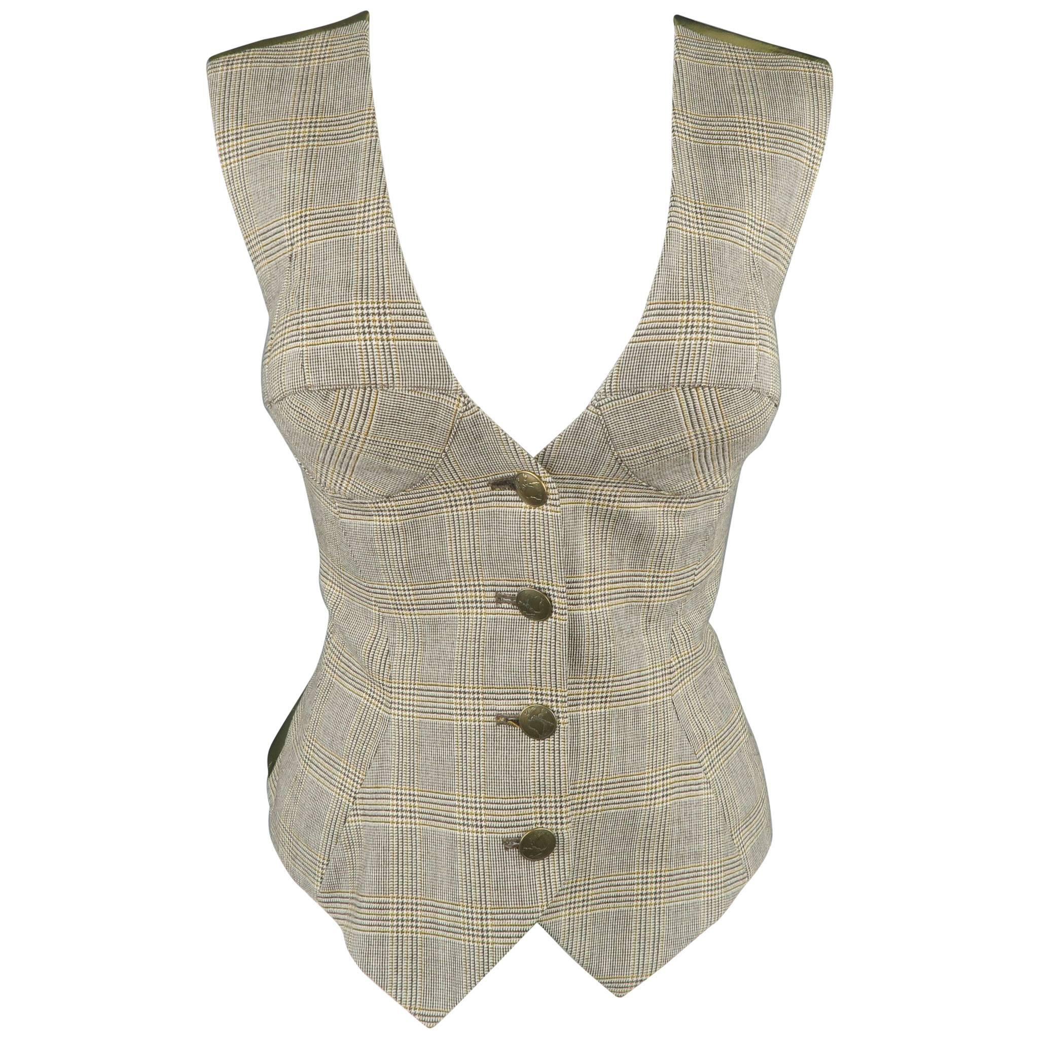 BYRON LARS Size 8 Beige & Olive Green Glenplaid Wool Bustier Vest