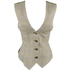 BYRON LARS Size 8 Beige & Olive Green Glenplaid Wool Bustier Vest