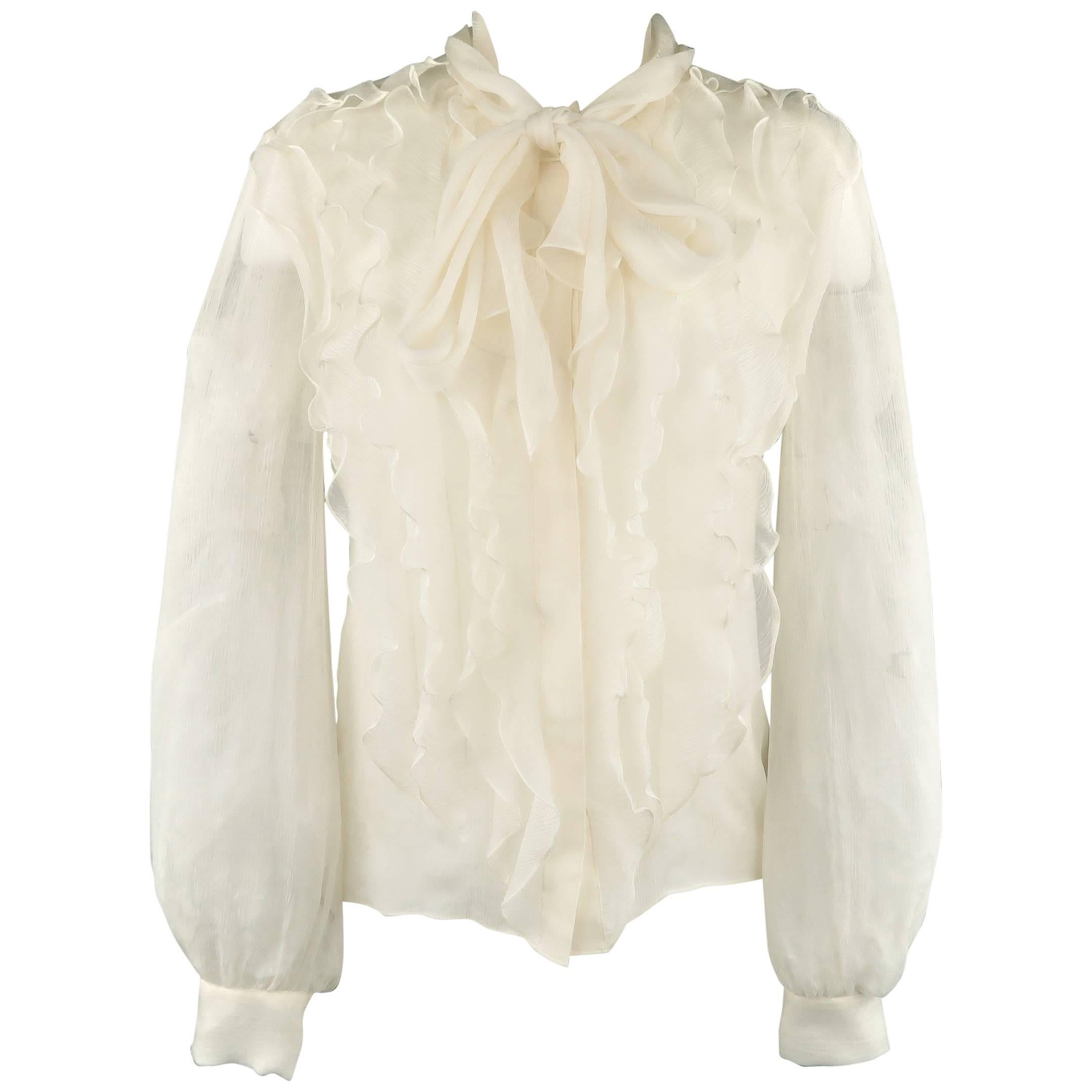 OSCAR DE LA RENTA Size 8 Cream Silk Chiffon Ruffle Tie Blouse