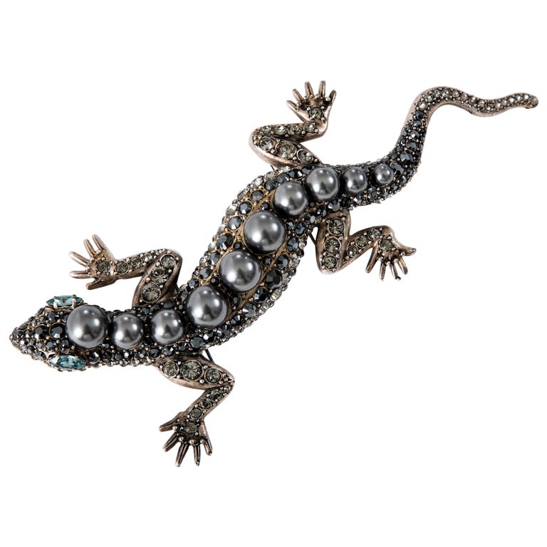 Elie Top for Lanvin Pewter Pearl Faceted Crystal Salamander Brooch, Resort 2013