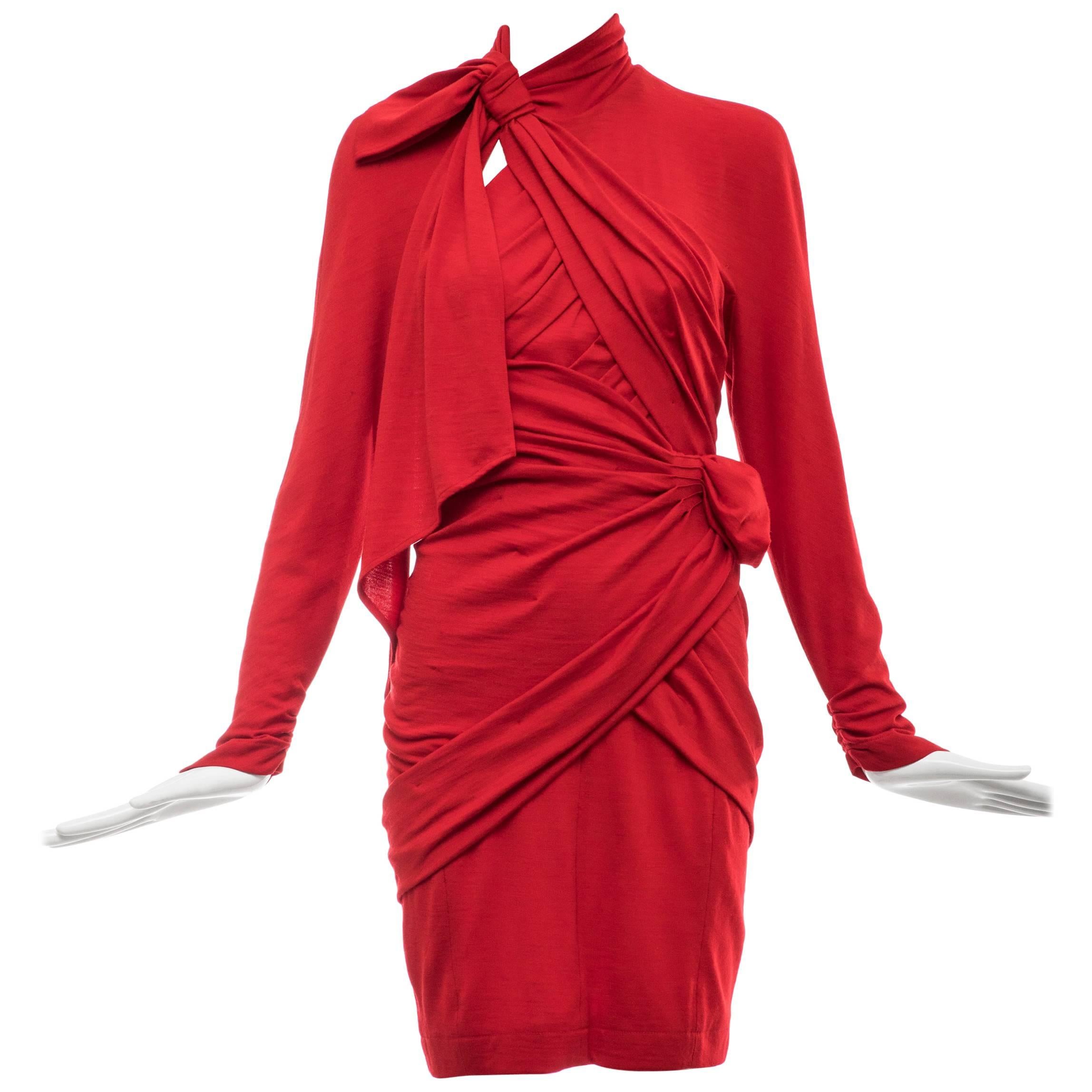 Thierry Mugler Red Wool Jersey Ruched Dress with Built-In-Corset, Circa: 1980's