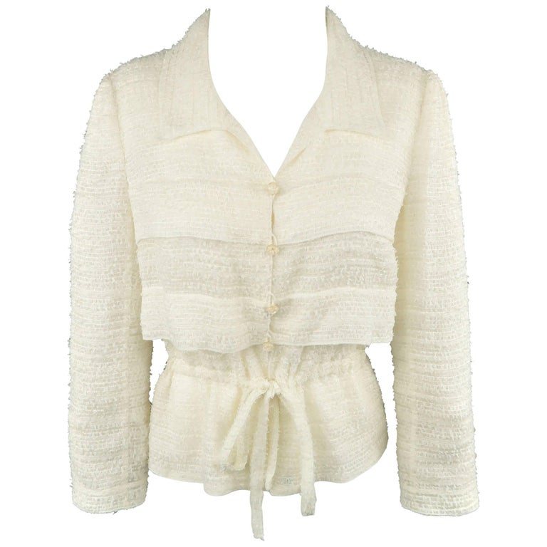 Chanel Jacket Cream Textured Silk Blend Drawstring Waist Coat at