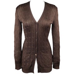 RALPH LAUREN Size S Brown Silk Cable Knit Extended V Neck Cardigan