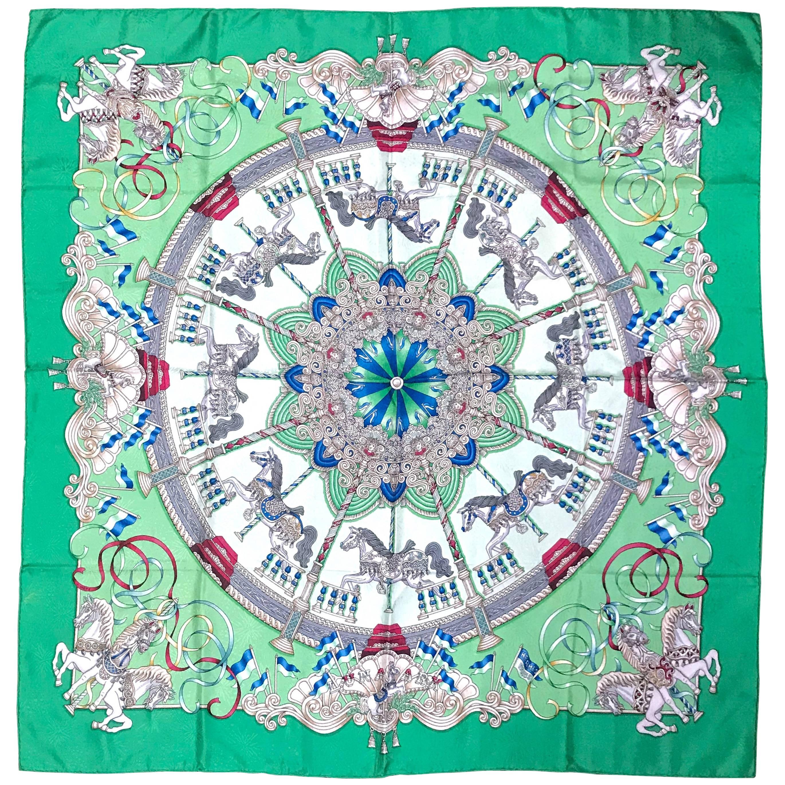 Vintage HERMES Carre silk scarf with horse, Carousel print in green. Luna Park. For Sale