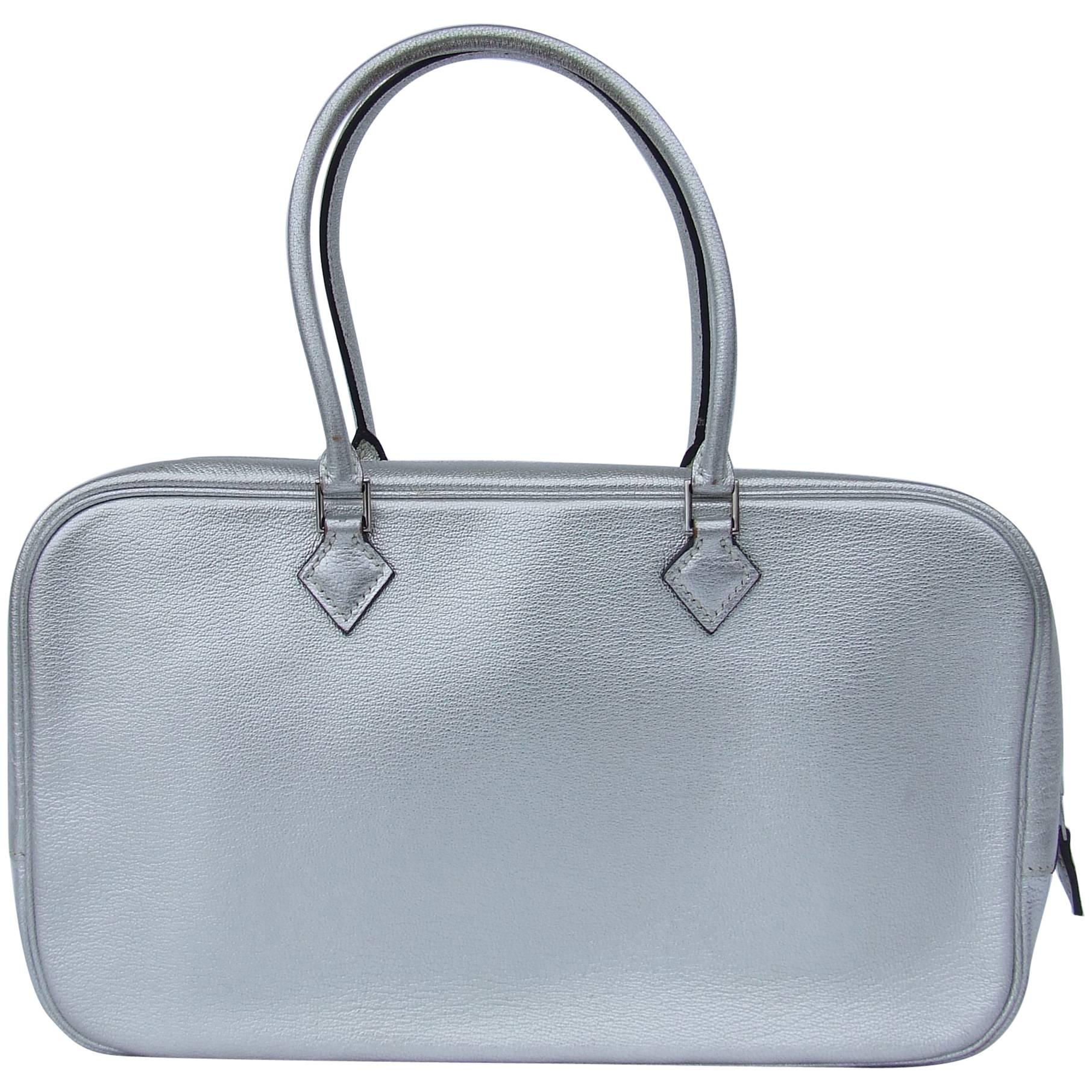 Hermès Limited Edition Metallic Silver Chevre Leather Plume Elan Bag PHW 28 cm
