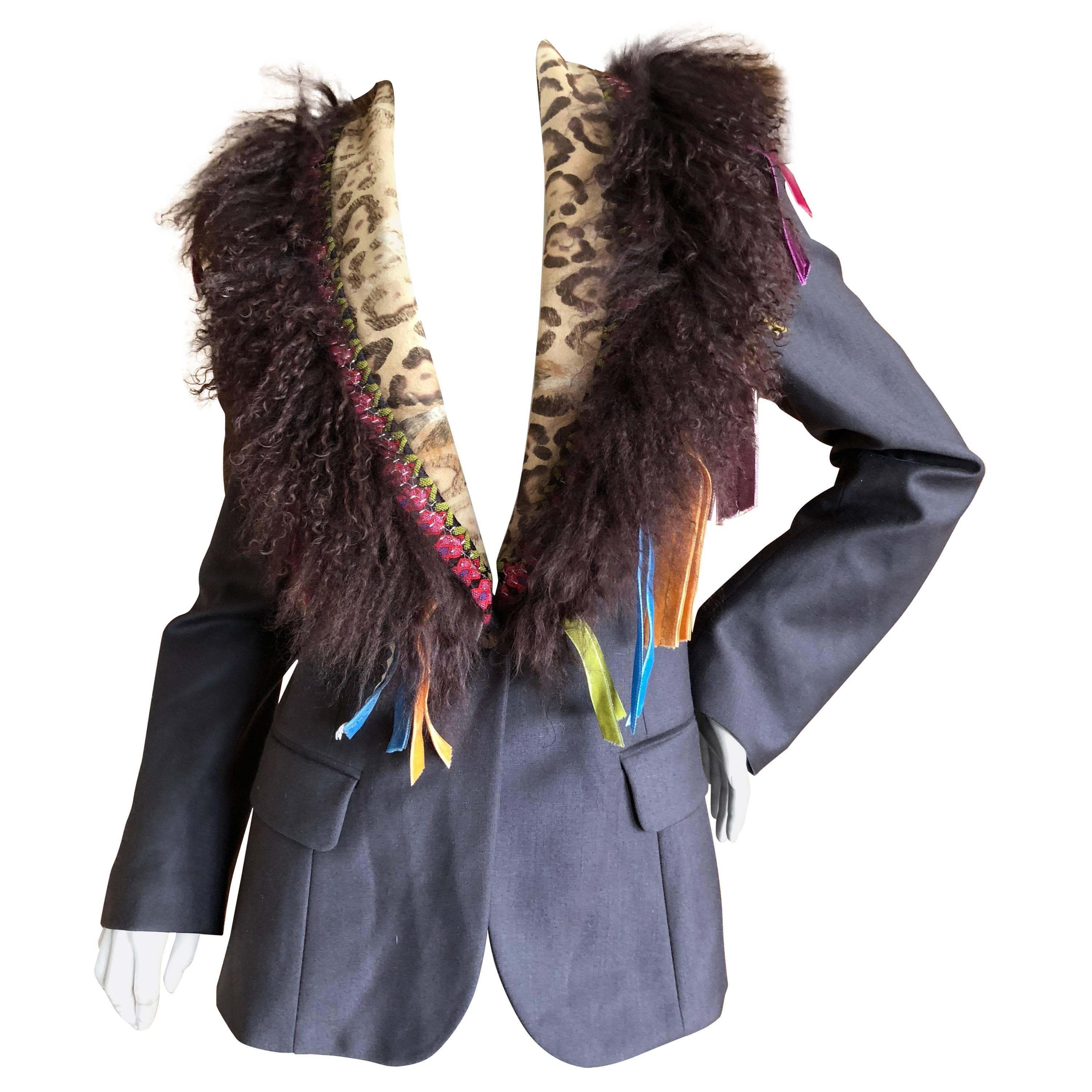 John Galliano Gray Wool Jacket with Festive Mongolian Lamb and Calf Fur Lapel For Sale