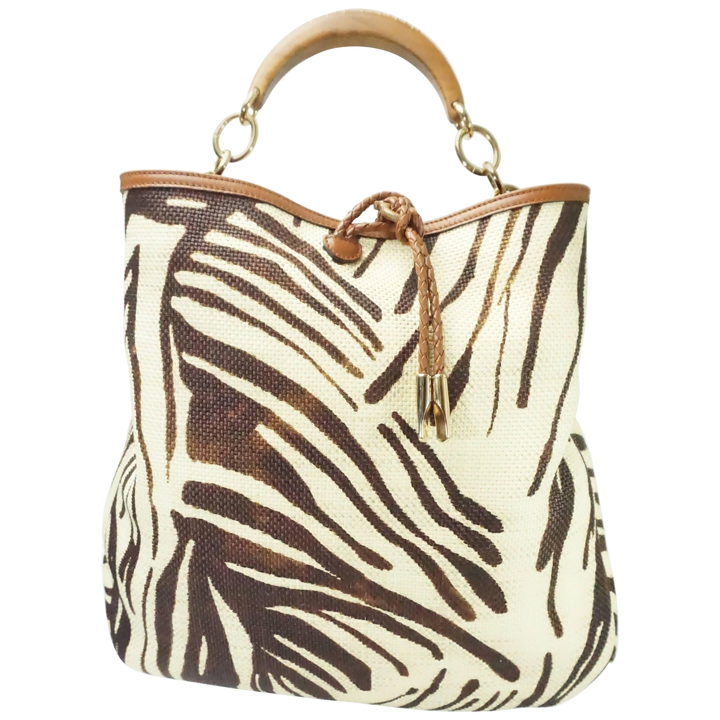Salvatore Ferragamo Earthtone Zebra Print Raffia Wood Studded Handle Handbag 
