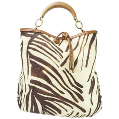 Salvatore Ferragamo Earthtone Zebra Print Raffia Wood Studded Handle Handbag