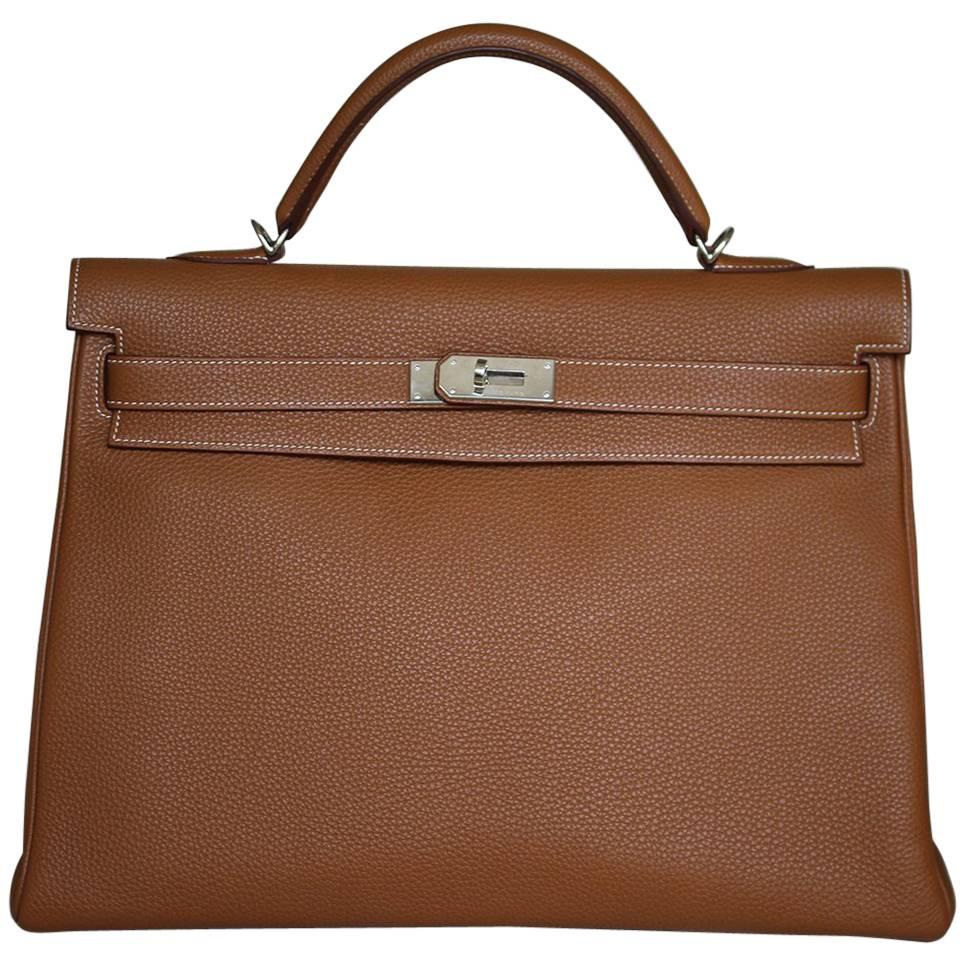 Hermès 40CM Tan Togo Leather Silver H/W Kelly Bag