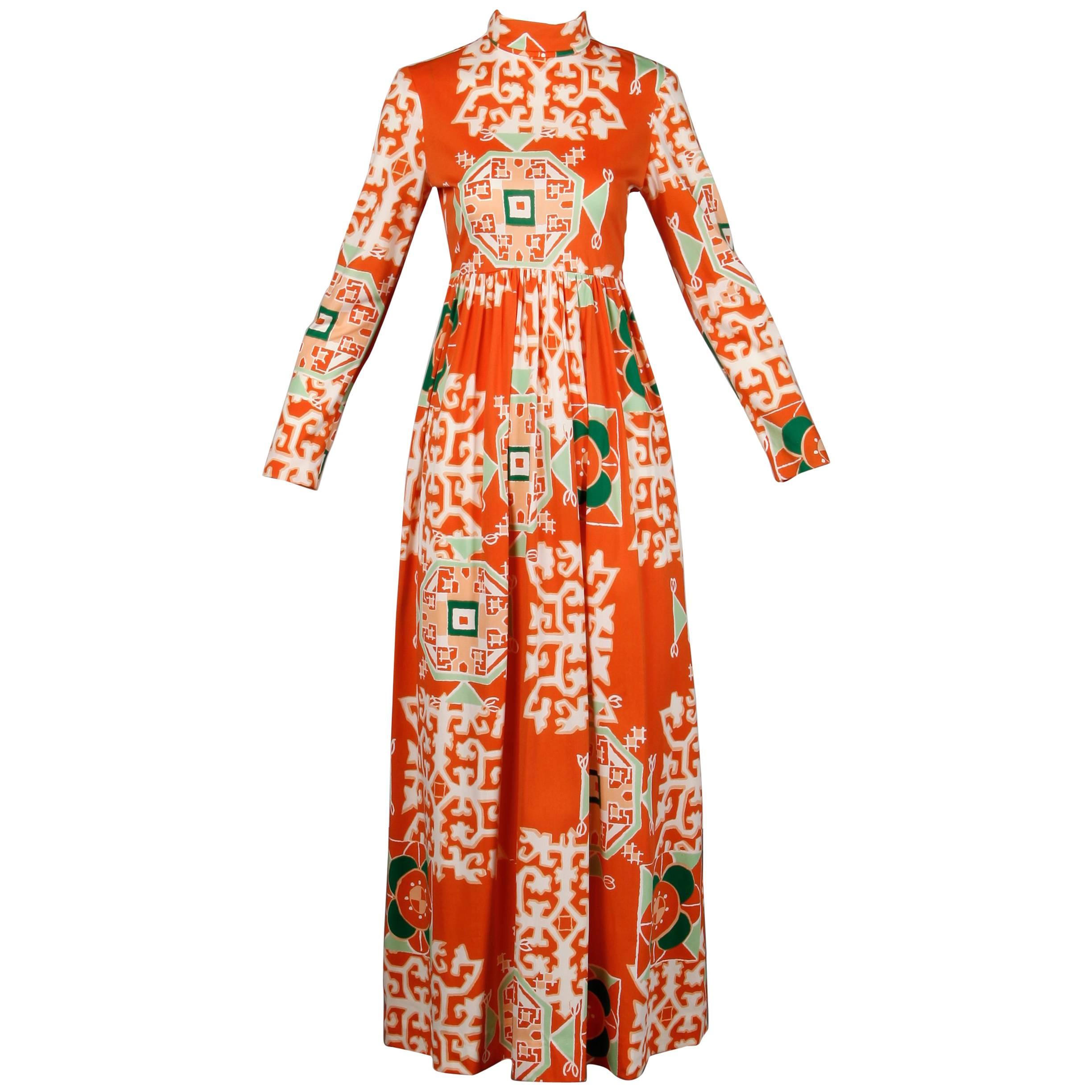 1970s Bergdorf Goodman Vintage Orange Polynesian Tikki Print Op Art Maxi Dress