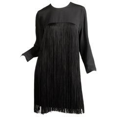 1970s Travilla Vintage Black Long Sleeve Flapper Fringe Cocktail Dress