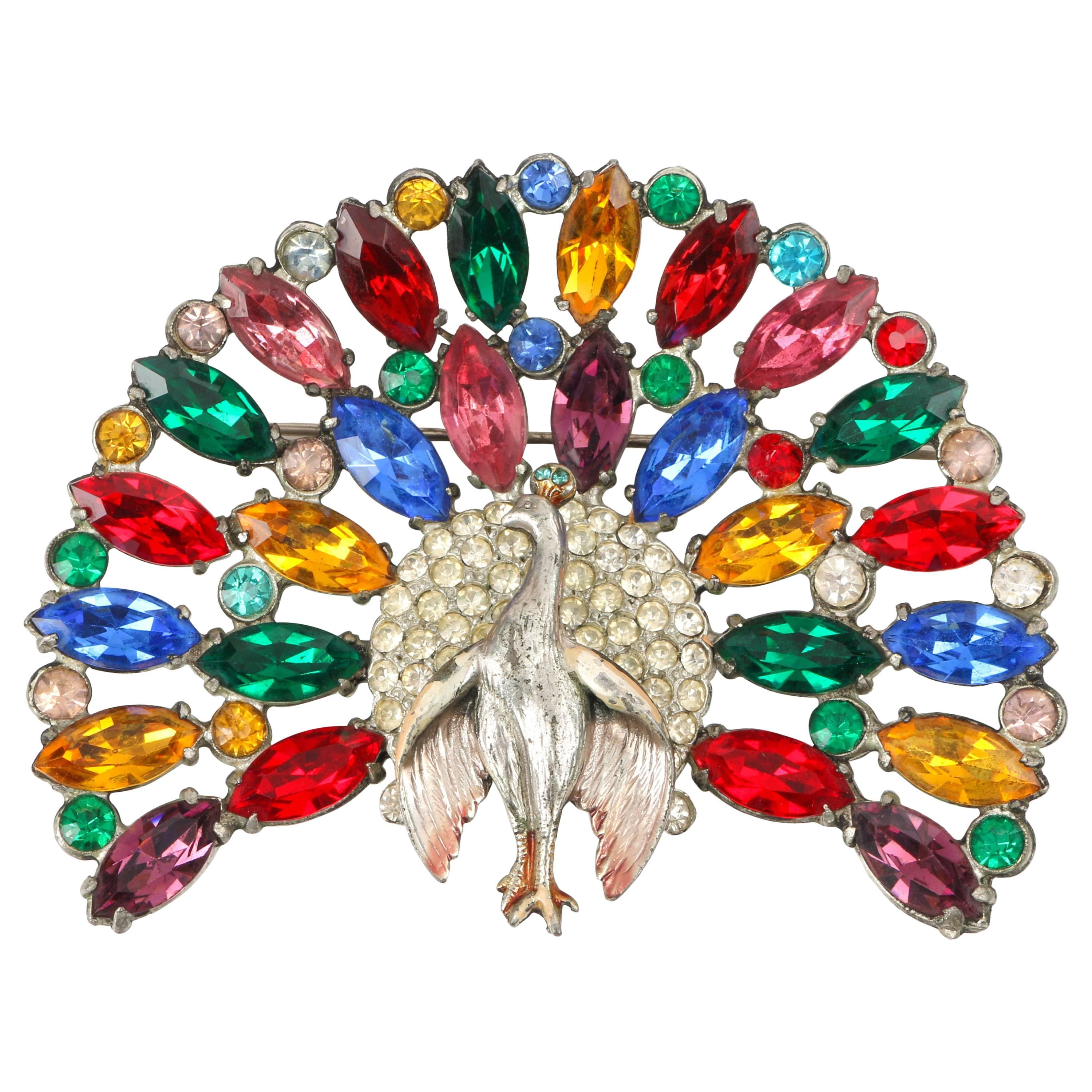 REINAD c.1930's Huge Cut Steel Glass Paste Rhinestone Peacock Statement Brooch