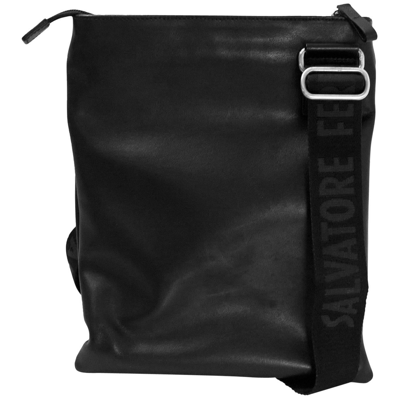Salvatore Ferragamo Black Leather Flat Crossbody Bag