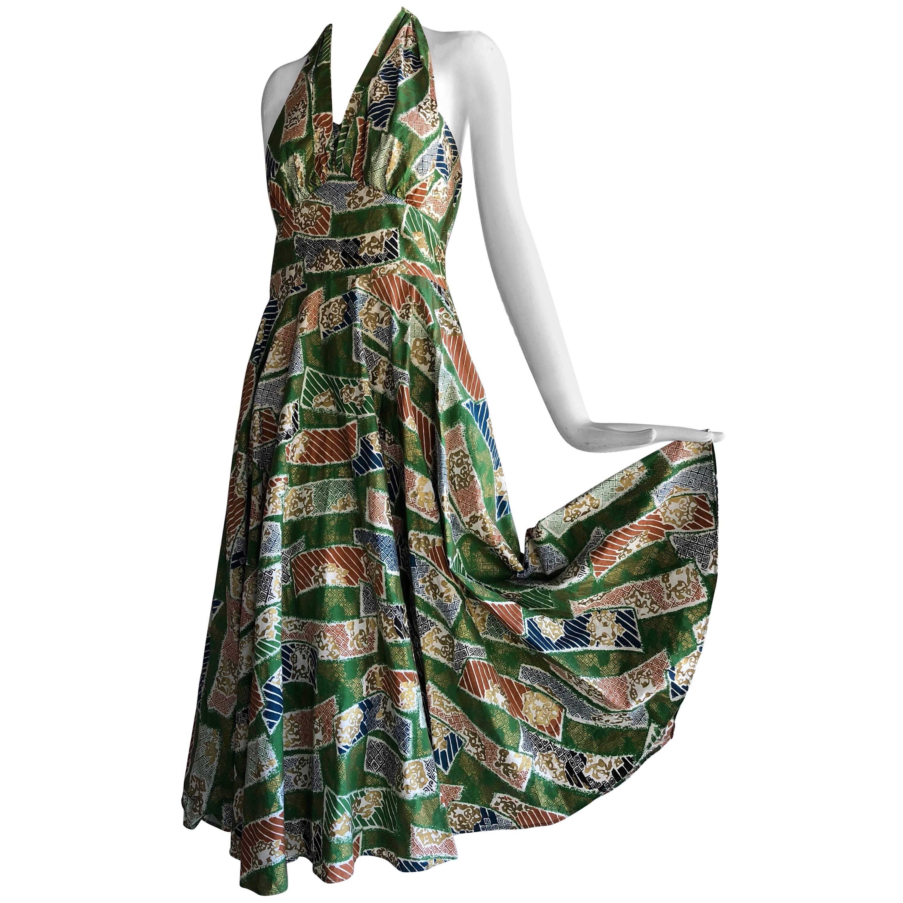 1950s Hawaiian Island Print Cotton Halter Dress W/ Circle Skirt