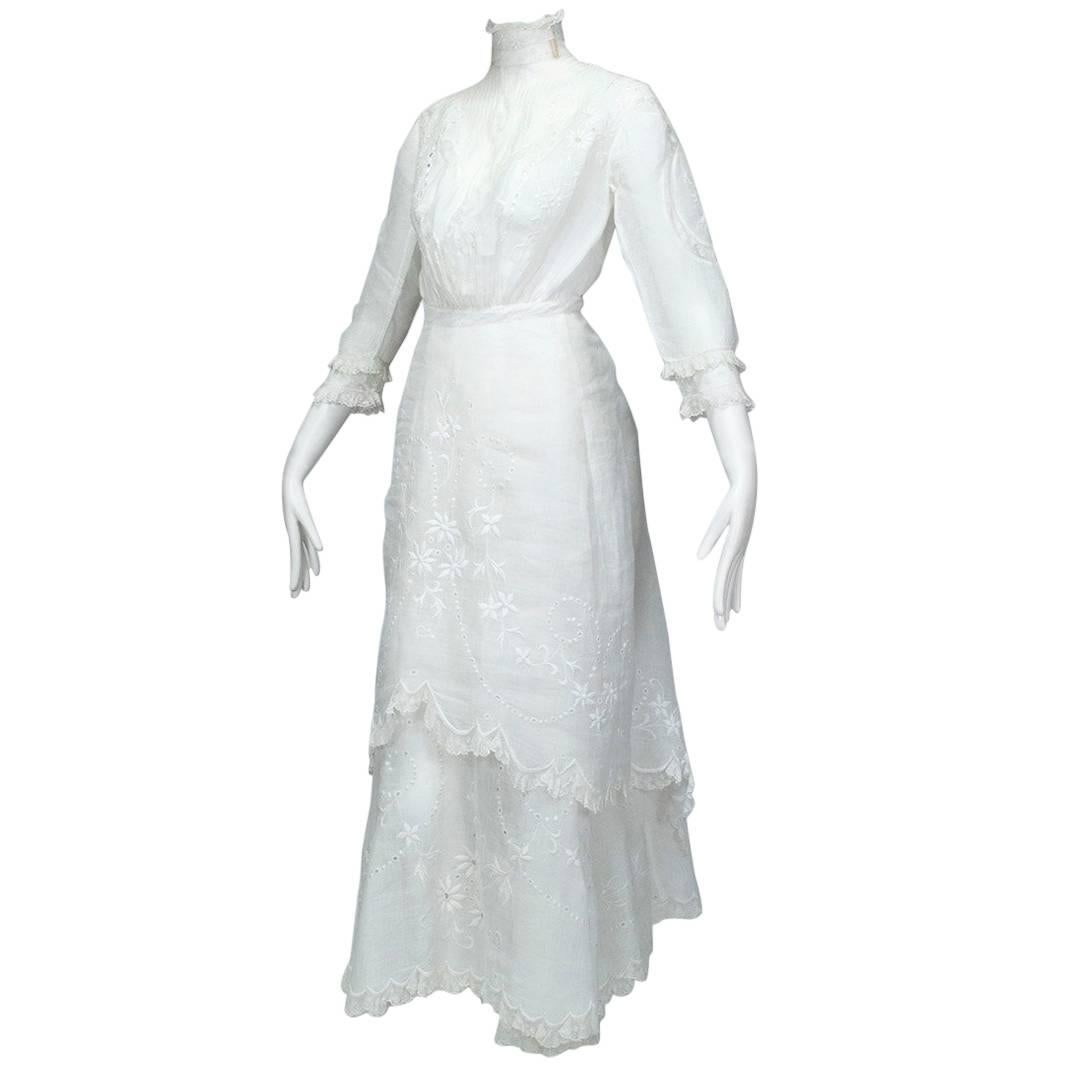 Victorian Handkerchief Hem Eyelet and Lace Bustle Tea Dress
