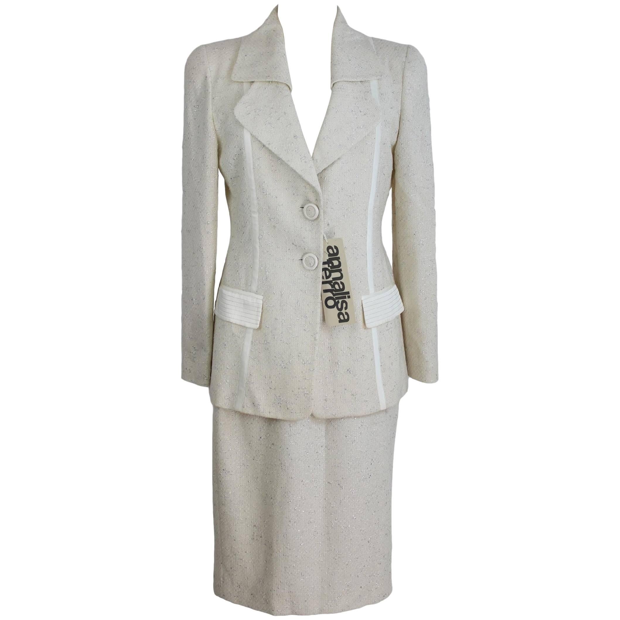 Annalisa Ferro Set Dress Wool and Cotton White Silver Italian Skirt Suit, 1980s For Sale