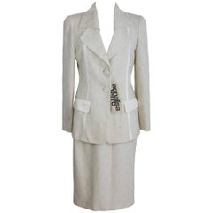 Vintage Annalisa Ferro Set Dress Wool and Cotton White Silver Italian Skirt Suit, 1980s