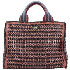 Prada Convertible Open Tote Madras Woven Leather Medium