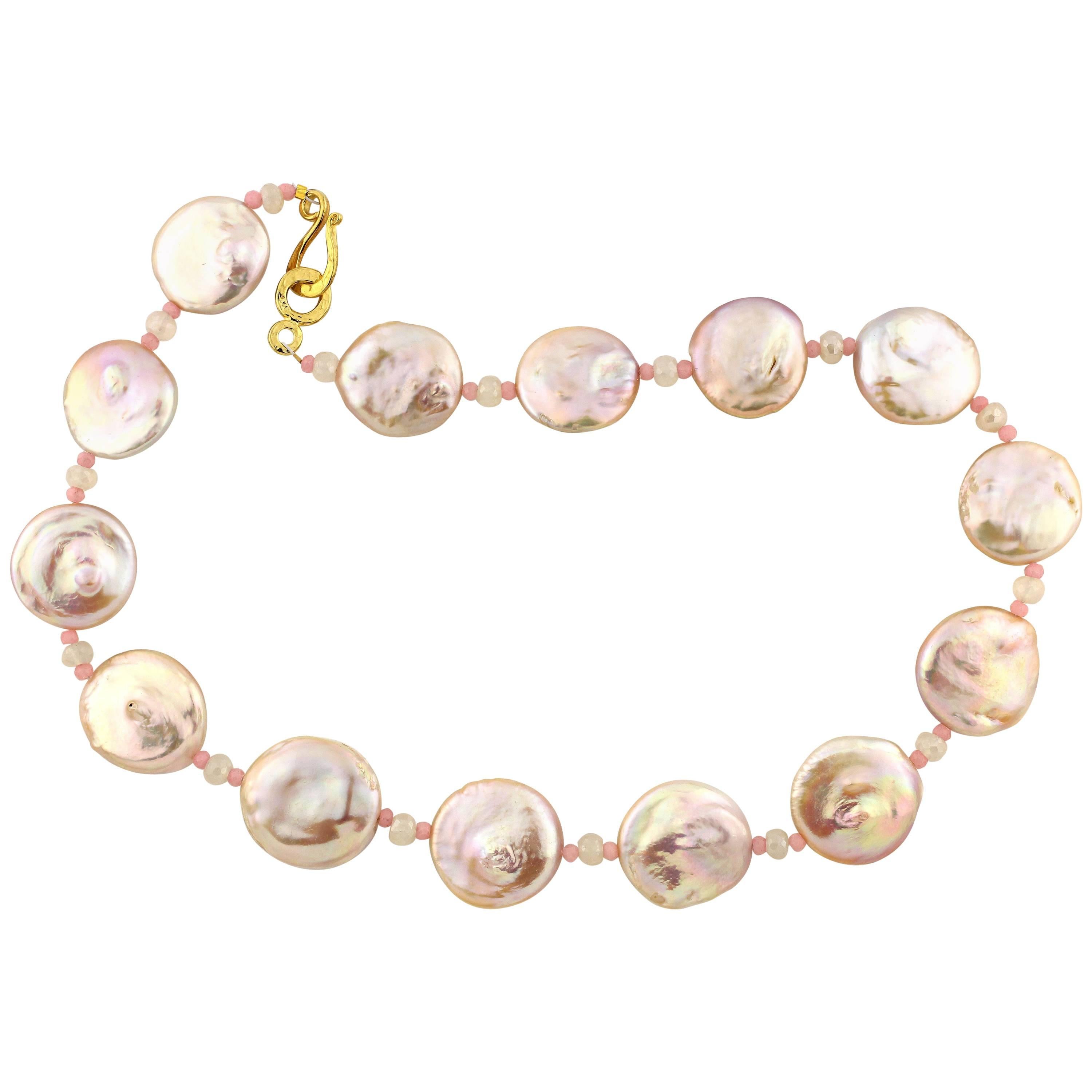 Gemjunky 17.25" Irridescent Natural Coin Pearl Pink Opal Moonstone Necklace