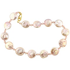 Gemjunky 17.25" Irridescent Natural Coin Pearl Pink Opal Moonstone Necklace