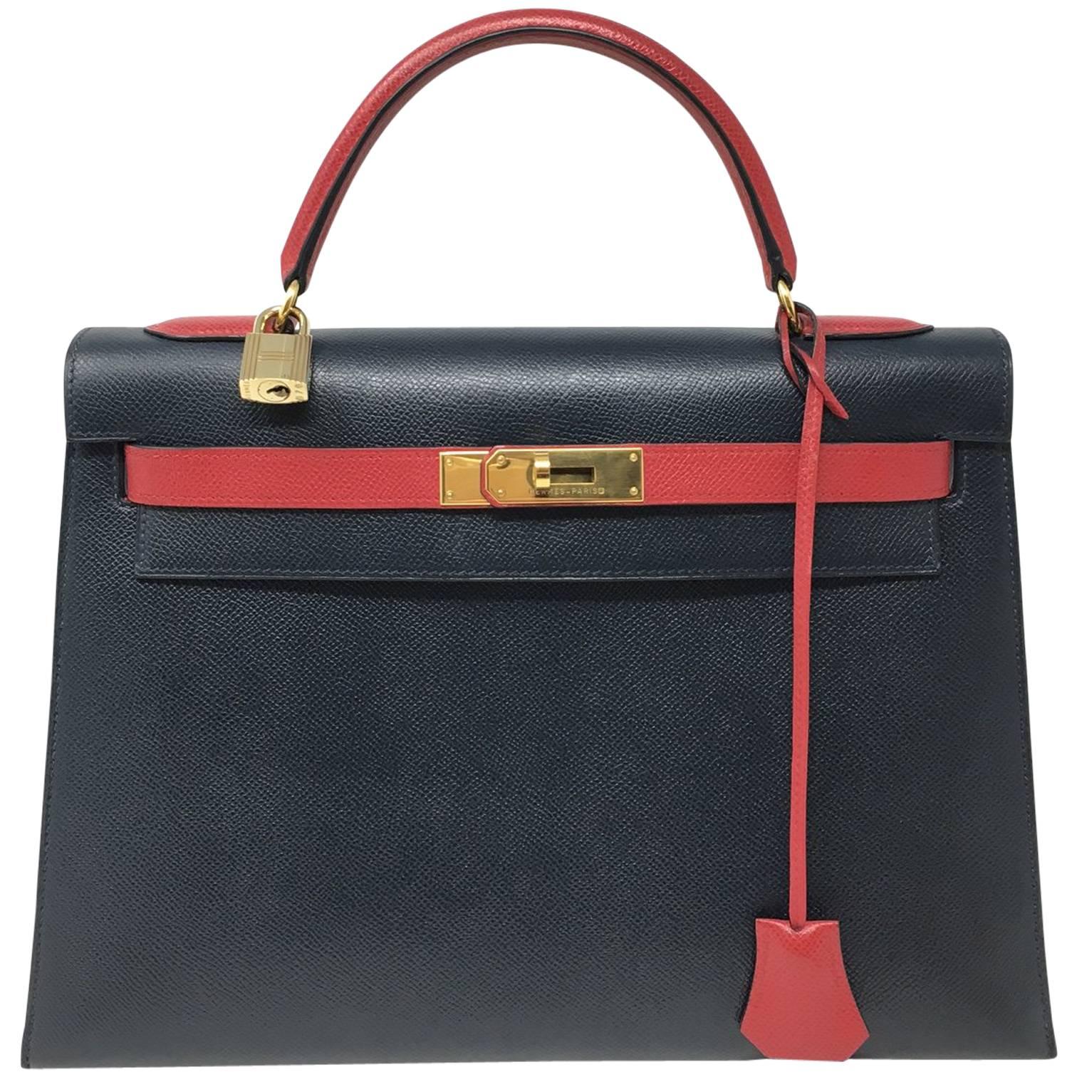 Hermes Kelly 32 Courchevel Double Colors Dark Blue and Rouge Garance Bag, 1993