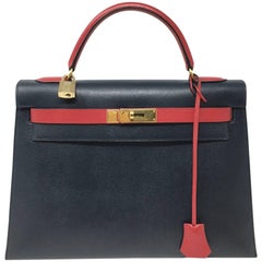 Hermes Kelly 32 Courchevel Double Colors Dark Blue and Rouge Garance Bag, 1993