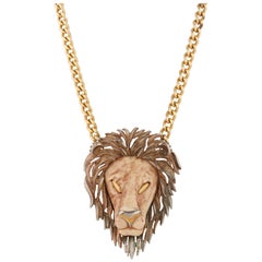 LUCA RAZZA c.1970's Large Gold Leo Lion Head Zodiac Pendant Statement Necklace
