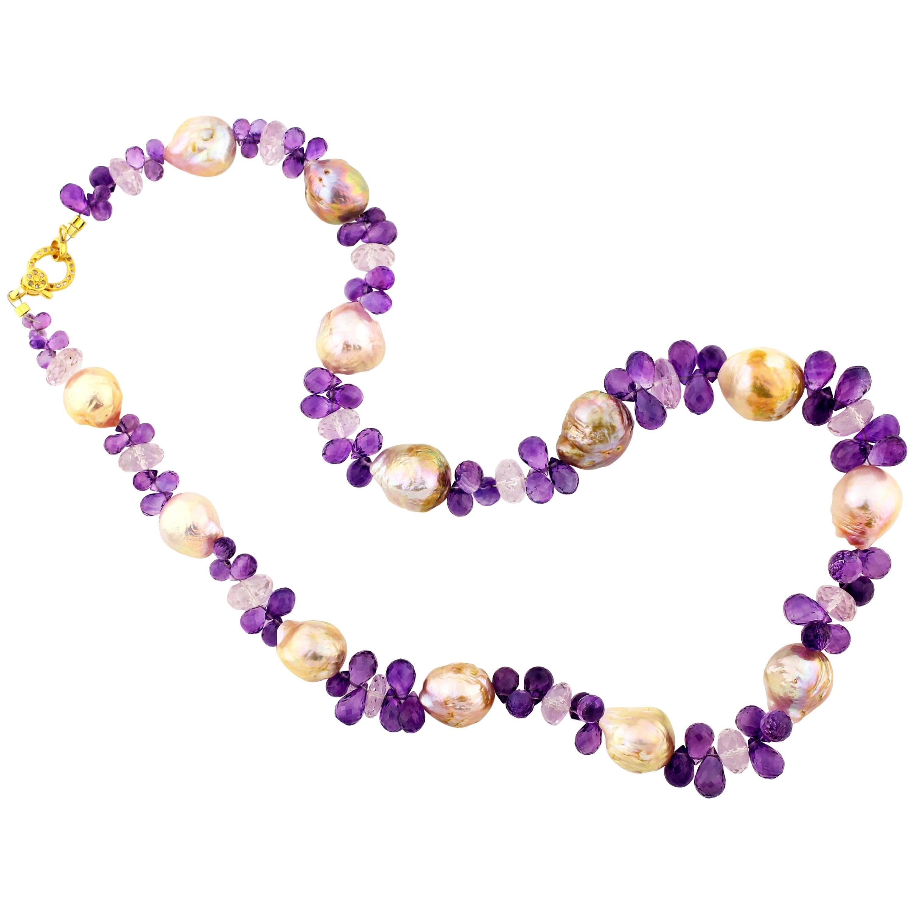AJD Cultured Goldy Pearls  & Amethyst Necklace With Gold & Diamond Clasp