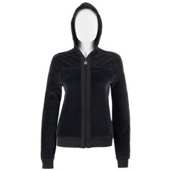 CHANEL H/W 2005 Schwarze Veloursreißverschluss-Signatur-Kapuzenpullover-Trainingsjacke