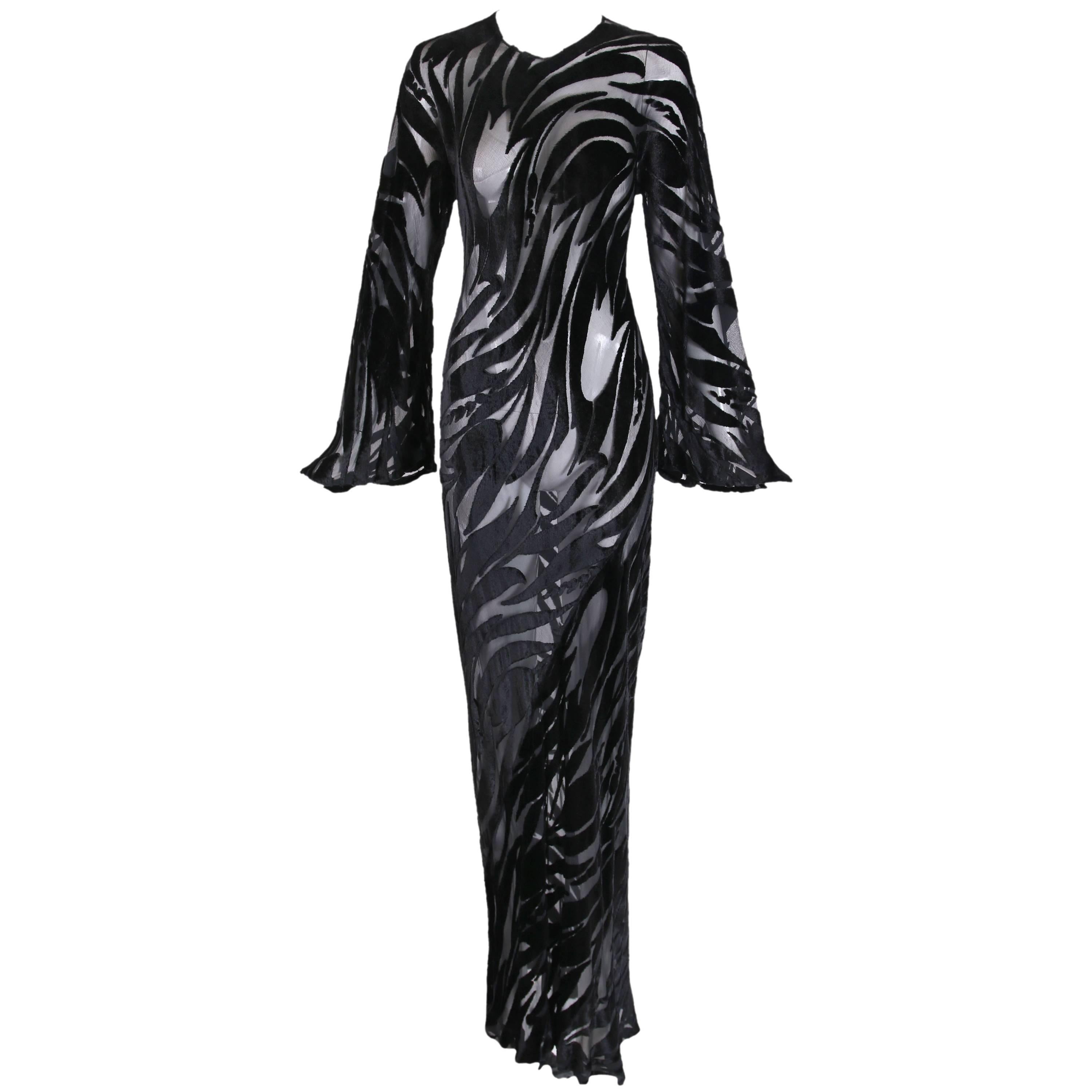 Halston Documented Black Silk Velvet Burnout Tulip Pattern Evening Gown, 1977 