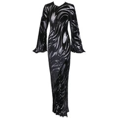 Vintage Halston Documented Black Silk Velvet Burnout Tulip Pattern Evening Gown, 1977