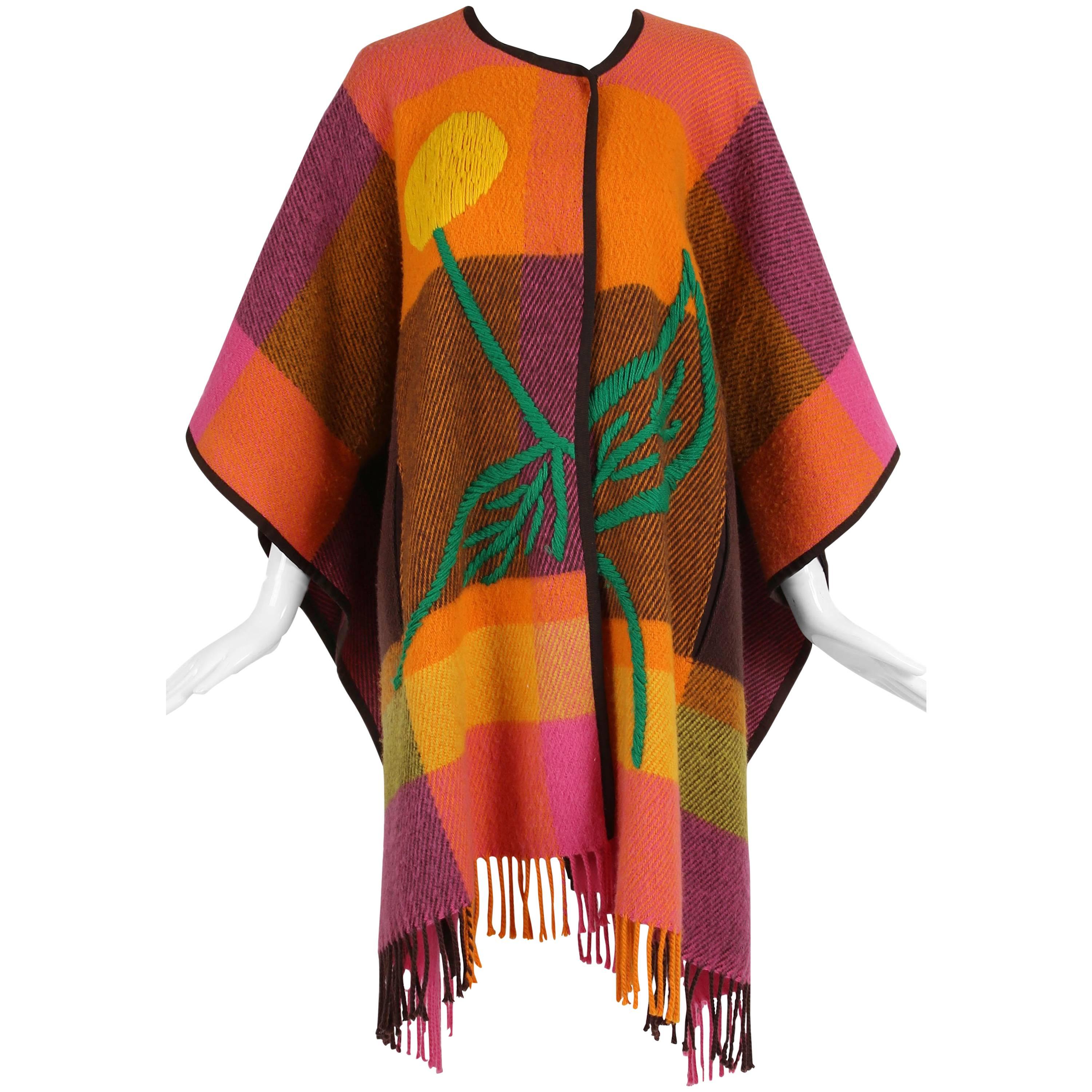 JC de Castelbajac Plaid Wool Poncho with Oversized Embroidered Flower Design