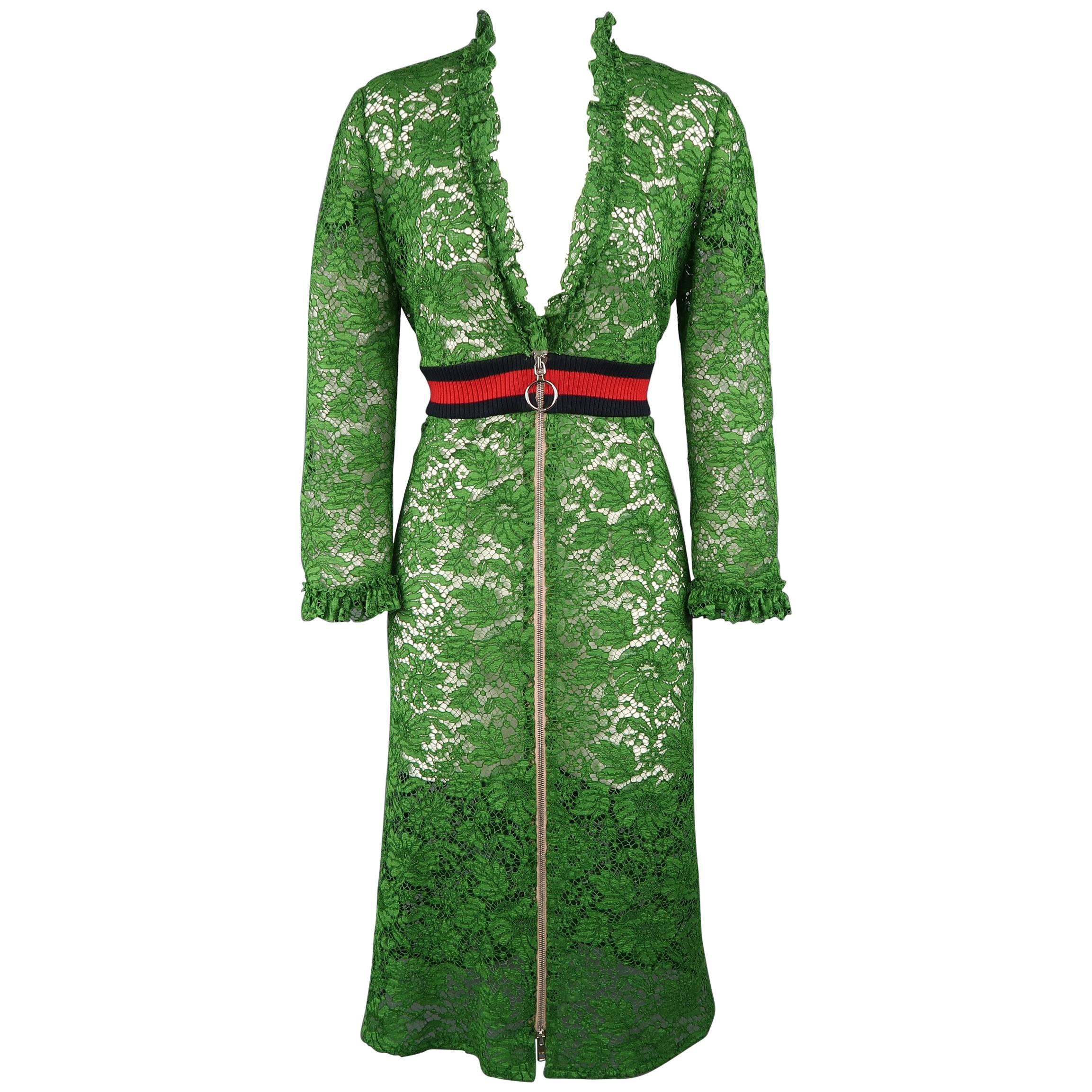 Gucci Green Ruffled Lace Striped Waist Zip A Line Dress