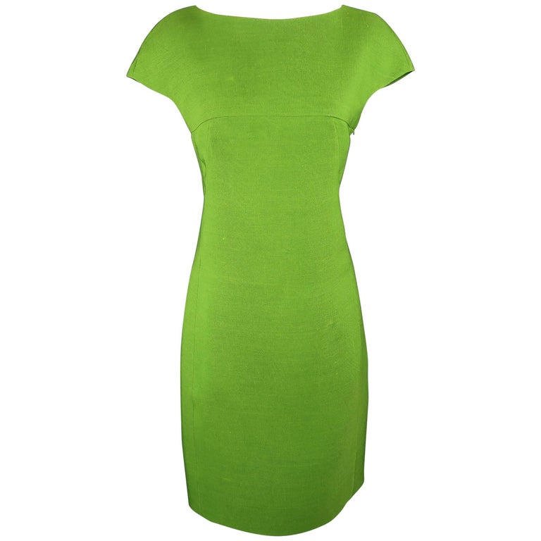 AKRIS Size 8 Green Silk Canvas High Neck Pleated Back Cocktail Dress at