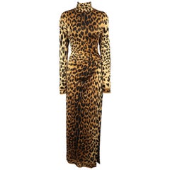 LEONARD - PARIS Talla M Vestido de cóctel drapeado con cuello alto y estampado de guepardo