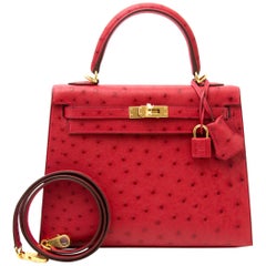 Hermès Sellier 25 Autruche Rouge Vif GHW Kelly Bag