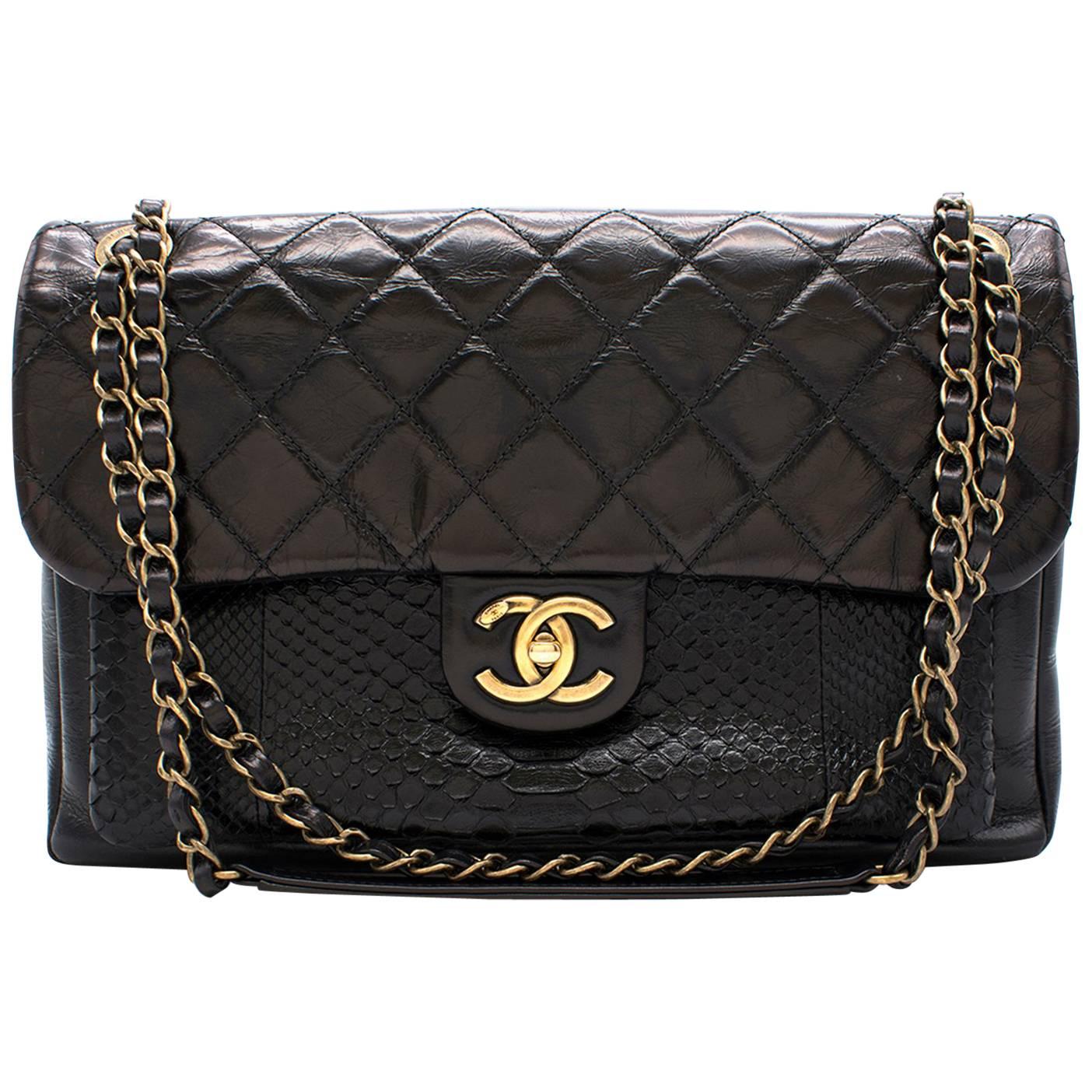 Chanel Black Classic Flap Bag with Snakeskin Exterior Pocket For Sale