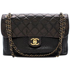 Chanel Black Classic Flap Bag with Snakeskin Exterior Pocket