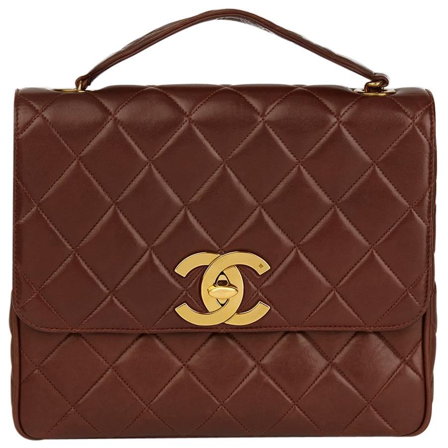 1994 Chanel Brown Quilted Lambskin Vintage XL Classic Single Flap Bag 