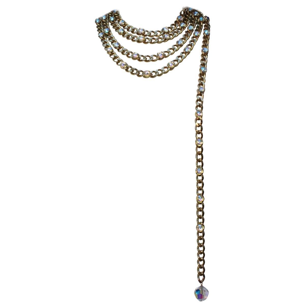 1990s Chanel gilded metal curb chain and rhinestones belt / necklace