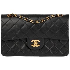 1986 Chanel Black Quilted Lambskin Vintage Small Classic Double Flap Bag 