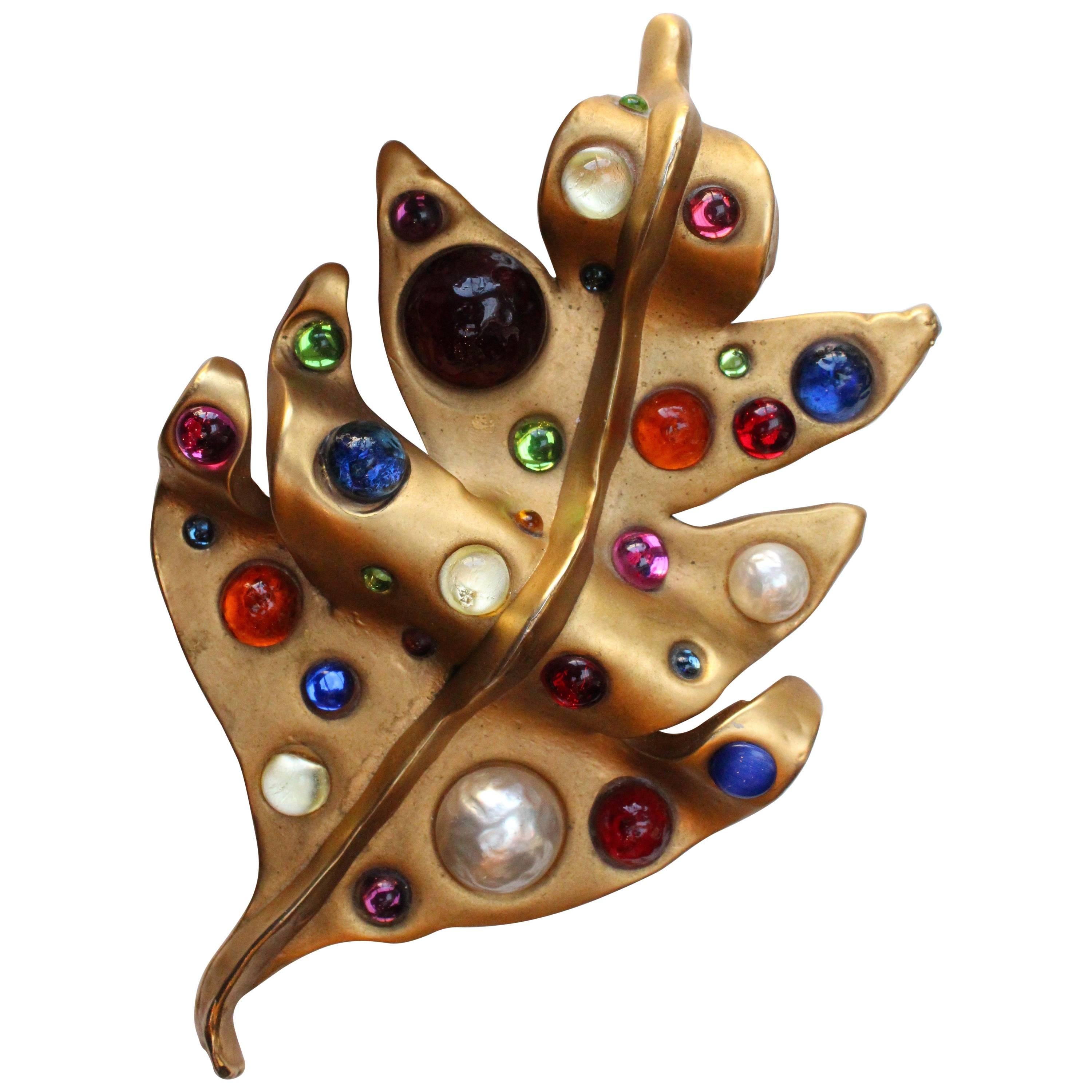 Chanel spectacular leaf-shaped brooch with multi color cabochons, 1990s 