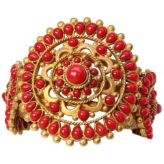 Chanel Gripoix gilded metal cuff bracelet with red cabochons, 1993 