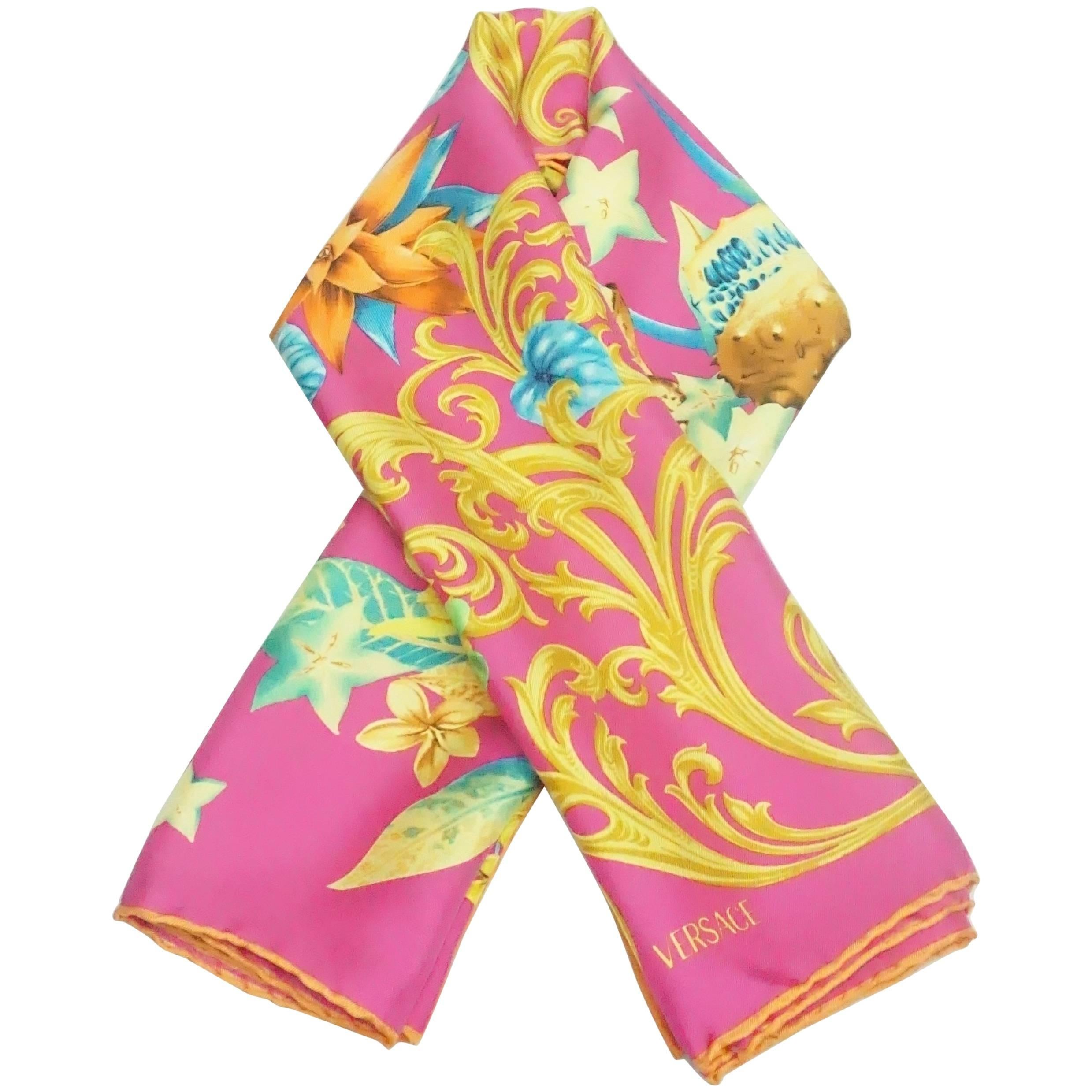 Versace Fuchsia and Multi Floral Print Scarf 