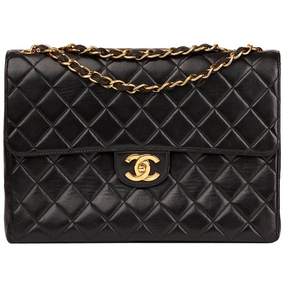 1996 Chanel Black Quilted Lambskin Vintage Jumbo Classic Single Flap Bag 