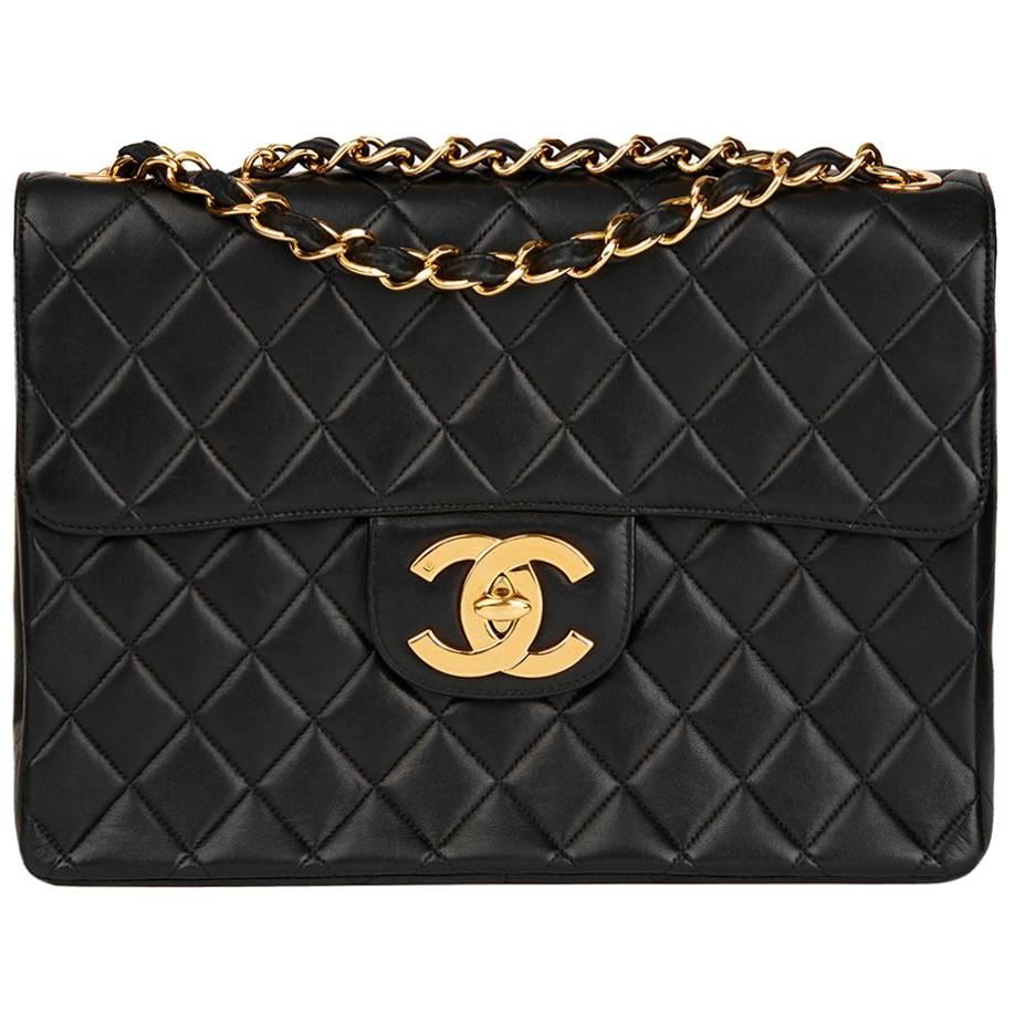 1997 Chanel Black Quilted Lambskin Vintage Jumbo XL Flap Bag 