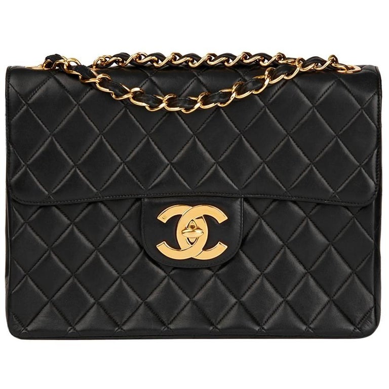 1997 Chanel Black Quilted Lambskin Vintage Jumbo XL Flap Bag at